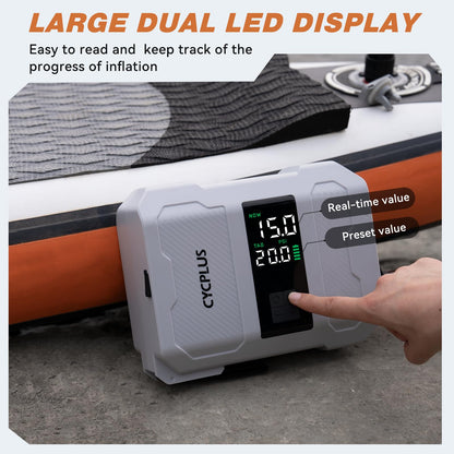 CYCPLUS 20PSI Rechargeable Paddleboard Pump - Intelligent Fast Dual-Stage Inflation, Deflation Function, Auto-Off &Dual LED Display, Suitable for Stand-Up Paddleboard, Inflatable Boat Tent Mattress