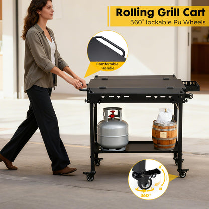 GVGBUK Portable Outdoor Grill Table with Wheels, Heavy-Duty Steel Prep Table, Folding Griddle Stand with Shelves, Bottle Opener, No Assembly Required, for BBQ, Pizza Oven, Patio