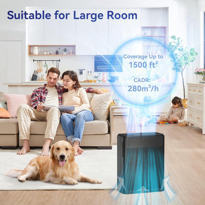 YARIKI Air Purifier - H13 HEPA Filter for Homes | Covers Up to 1500 Sq Ft, Quiet 22 dB, Black
