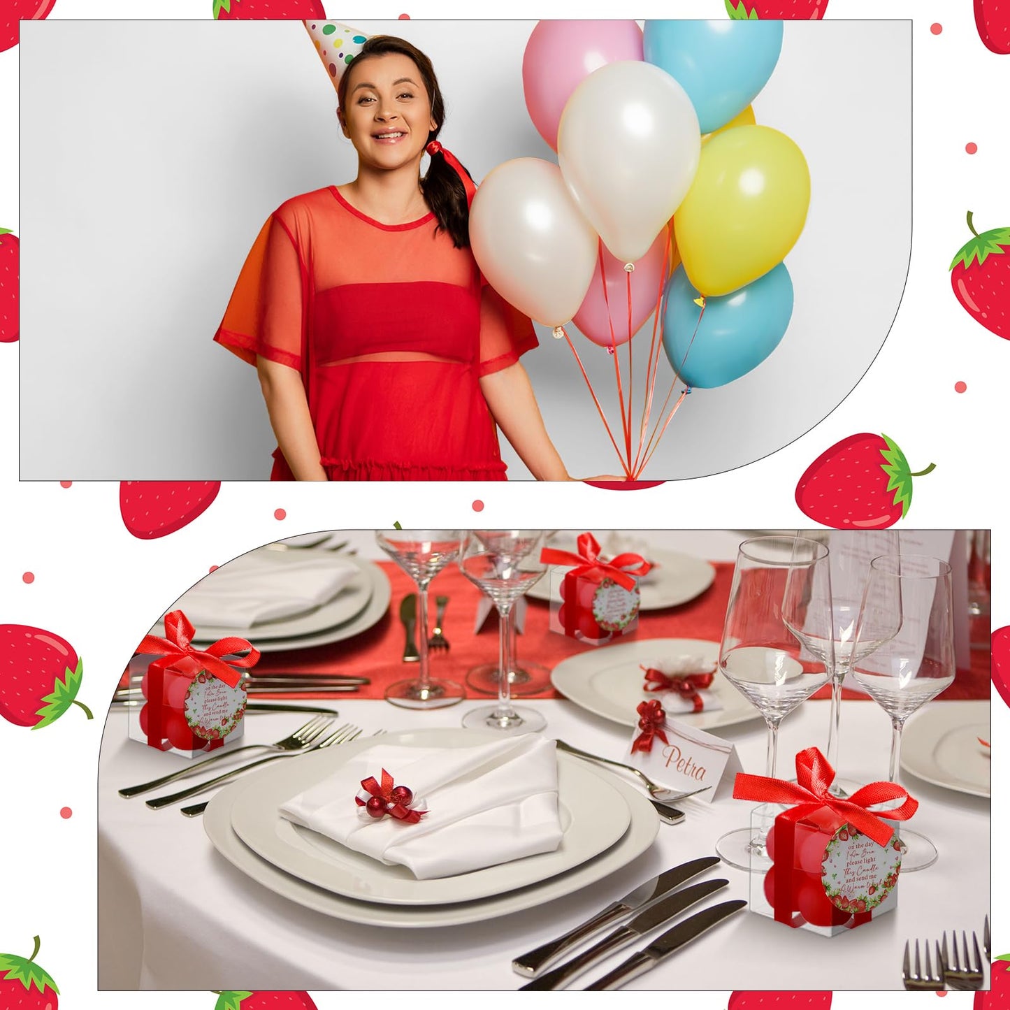 MTLEE 24 Sets Strawberry Baby Shower Favors Small Bubble Candle for Guests Tea Candles Bulk with Stylish Ribbons Cards Gifts Party Decoration(Bright Red, Strawberry)