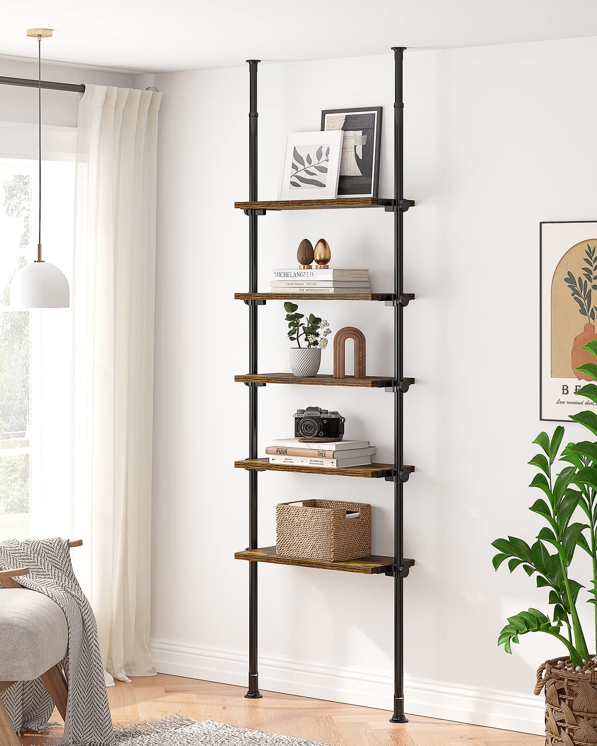 ALLZONE Adjustable Tall Narrow Bookshelf, 5-Tier Floor-to-Ceiling Tension Mount Ladder Book Shelf with Storage for Versatile Uses, Fits 92-116 Inch Ceilings, 27.84-Inch Wide Wood Shelves, Rustic Brown