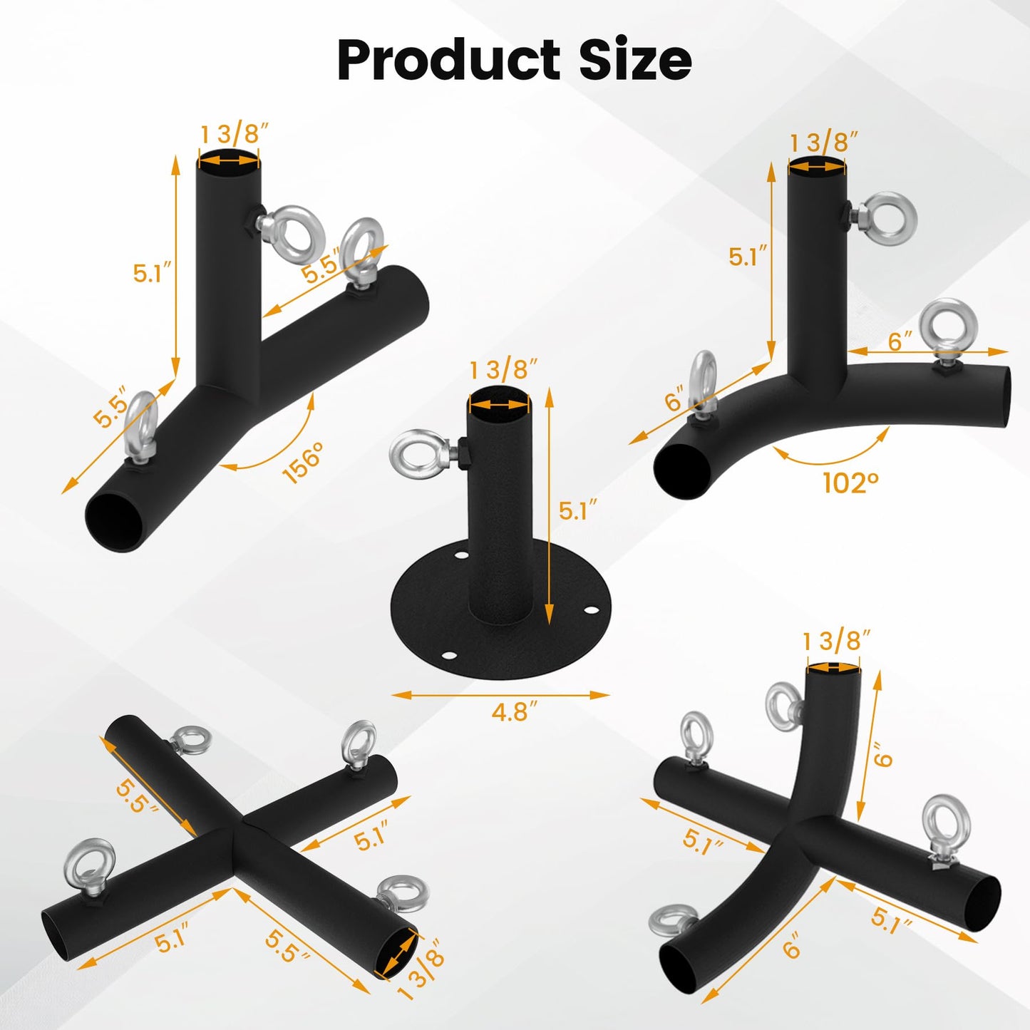 Neorexon 1 3/8'' Canopy Fittings for 6 Leg Carport Frame Parts, Black Canopy Pipe Fittings with Eye Bolts, Carport Frame Kit Low Peak Connectors with 156 Degree Angle(15Pcs)