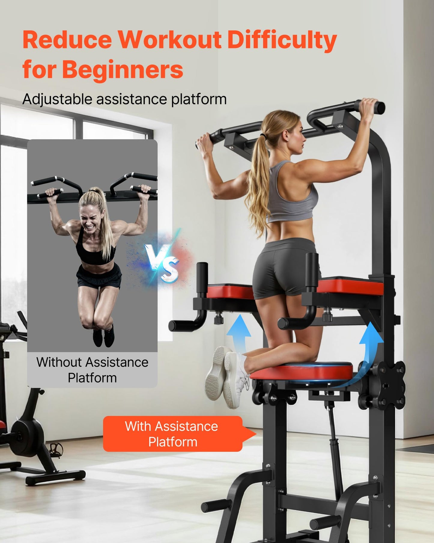 VEVOR Pull Up Bar, 330 LBS Power Tower Dip Station, Workout Dip Station with H-Shaped Stable Base & Assistance Platform, Adjustable 9 Level Height Pullup Stand for Back, 3-Level Adjustable Elbow Pads