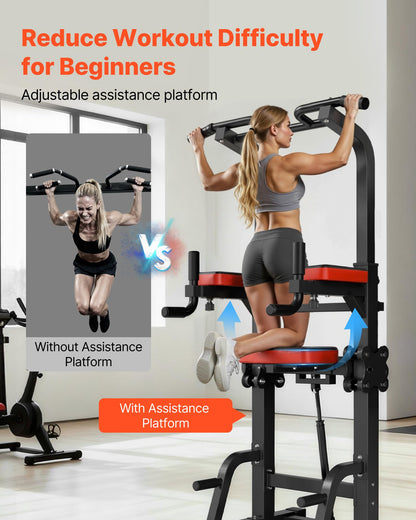 VEVOR Pull Up Bar, 330 LBS Power Tower Dip Station, Workout Dip Station with H-Shaped Stable Base & Assistance Platform, Adjustable 9 Level Height Pullup Stand for Back, 3-Level Adjustable Elbow Pads