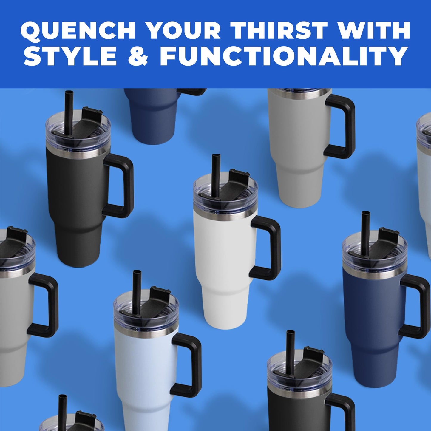 Gifts by Design 10 Ct of 40 Oz Intrepid Stainless Steel Tumbler with Lid, Straw & Handle – Gray – Customizable Insulated Cups for Water, Coffee, Hot & Iced Drinks – Great for DIY, Events, Work