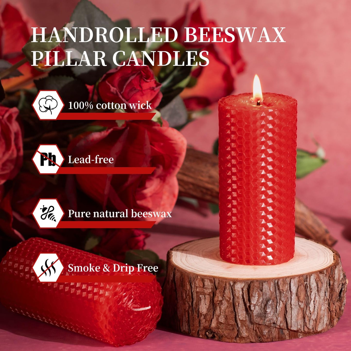 KONNI Beeswax Red Pillar Candles Set of 3, 2"x 4" Unscented Pillar Candles Bulk, 20 Hours Long Burning Candles, Smokeless&Dripless Large Round Candle for Wedding, Decoration, Parties, Spas, Dinner