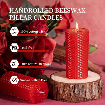 KONNI Beeswax Red Pillar Candles Set of 3, 2"x 4" Unscented Pillar Candles Bulk, 20 Hours Long Burning Candles, Smokeless&Dripless Large Round Candle for Wedding, Decoration, Parties, Spas, Dinner