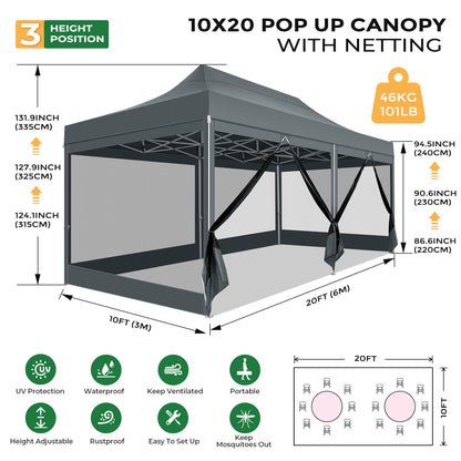 COBIZI 10x20 Heavy Duty Pop Up Canopy Tent with 6 Sidewalls, Easy Set Up Outdoor Waterproof Screen Commercial Party Tent with Mosquito Netting for Parties Backyard Patio, Roller Bag, Gray