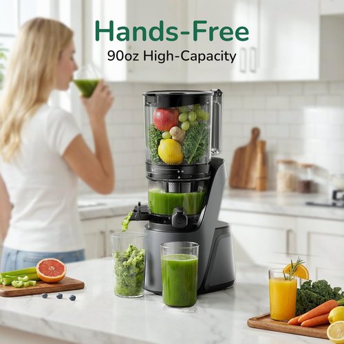 Canoly C16 Cold Press Juicer - 6" Extra Wide Feed Chute, 3-IN-1 Strainers for Juice, Sorbet & Nut Milk | Powerful AC Motor, BPA-Free (Space Gray)