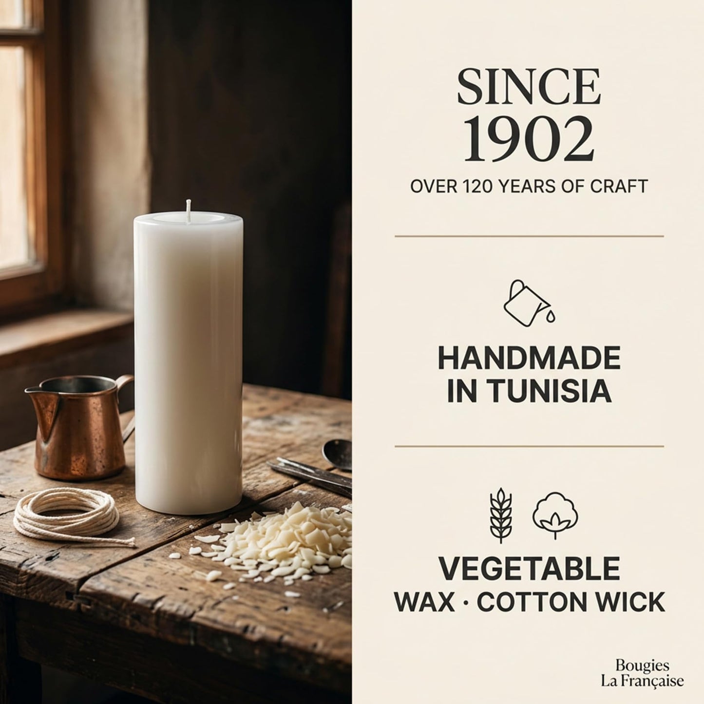 Bougies La Française Unscented Pillar Candle, White, Made in Tunisia, Ready-to-Light Cotton Wick Included, Vegetable Wax Decorative Candle, 3.15" Diameter × 7.87" Tall, Approx. 125-Hour Burn Time