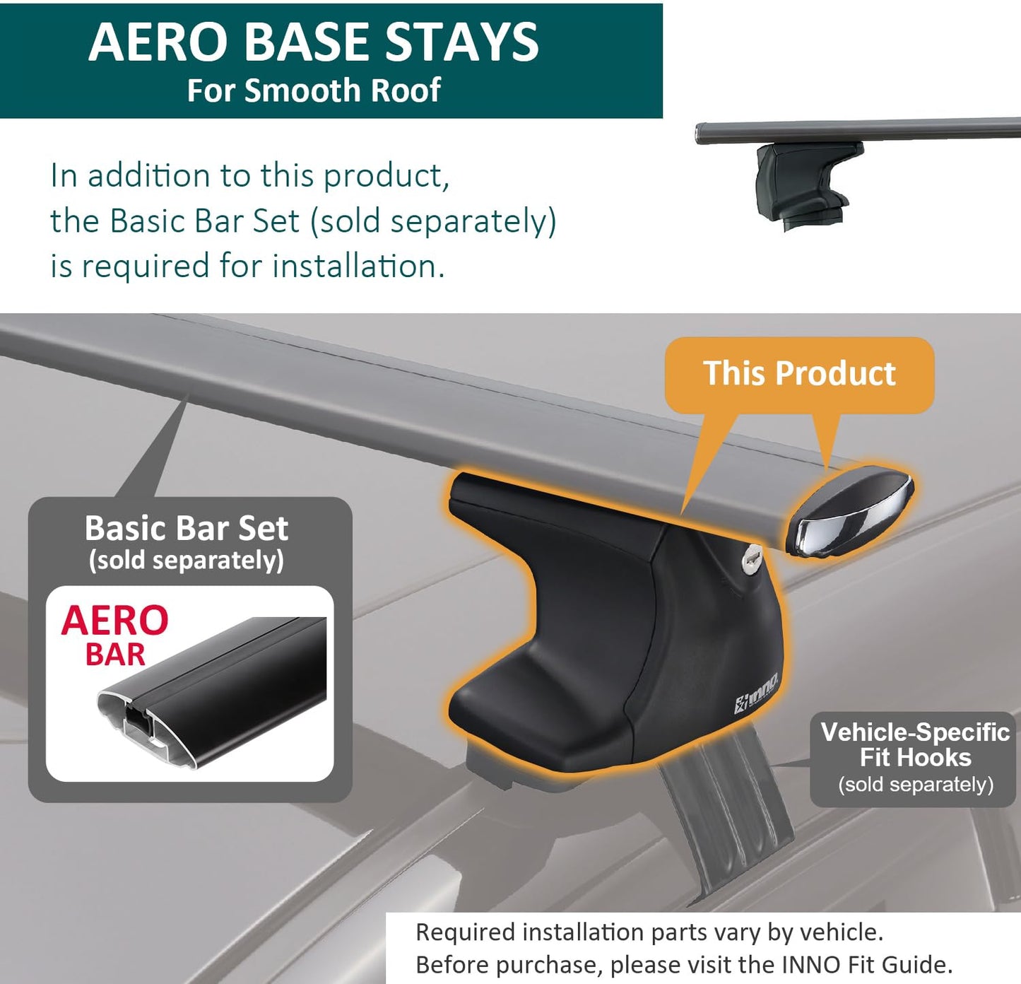 INNO XS250 Aero Low Profile Base Stays for Smooth Roof THROUGH (Set of 4) , Black , 2 7/8 in (73 mm)