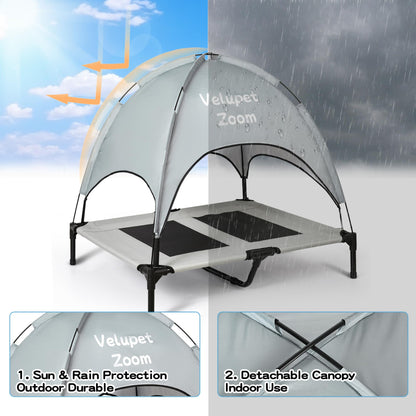 Velupet Zoom 4-in-1 Pet Travel & Outdoor Set, Include 48in Gray Elevated Dog Bed with Canopy, Dog Canopy Bed, Pet Back Seat Cover, 50ft Tie Out Cable, Collapsible Double Pet Bowls