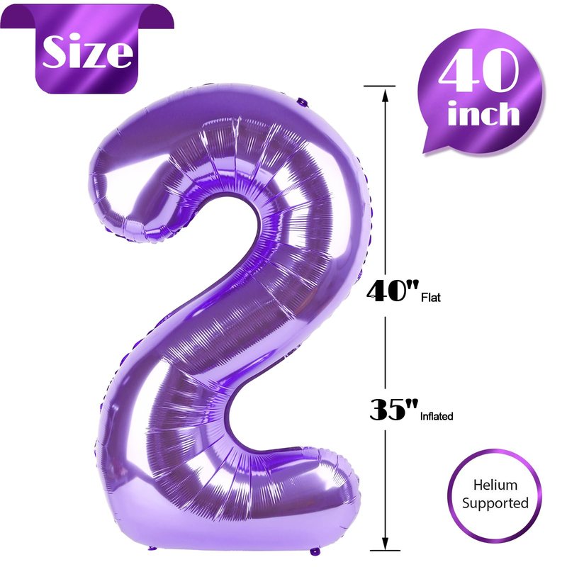 Purple 2 Balloon, Number Balloon 40 Inch, Two Balloon Number Birthday Decorations, Second 2nd Birthday Party Supplies, Number 2 Balloon