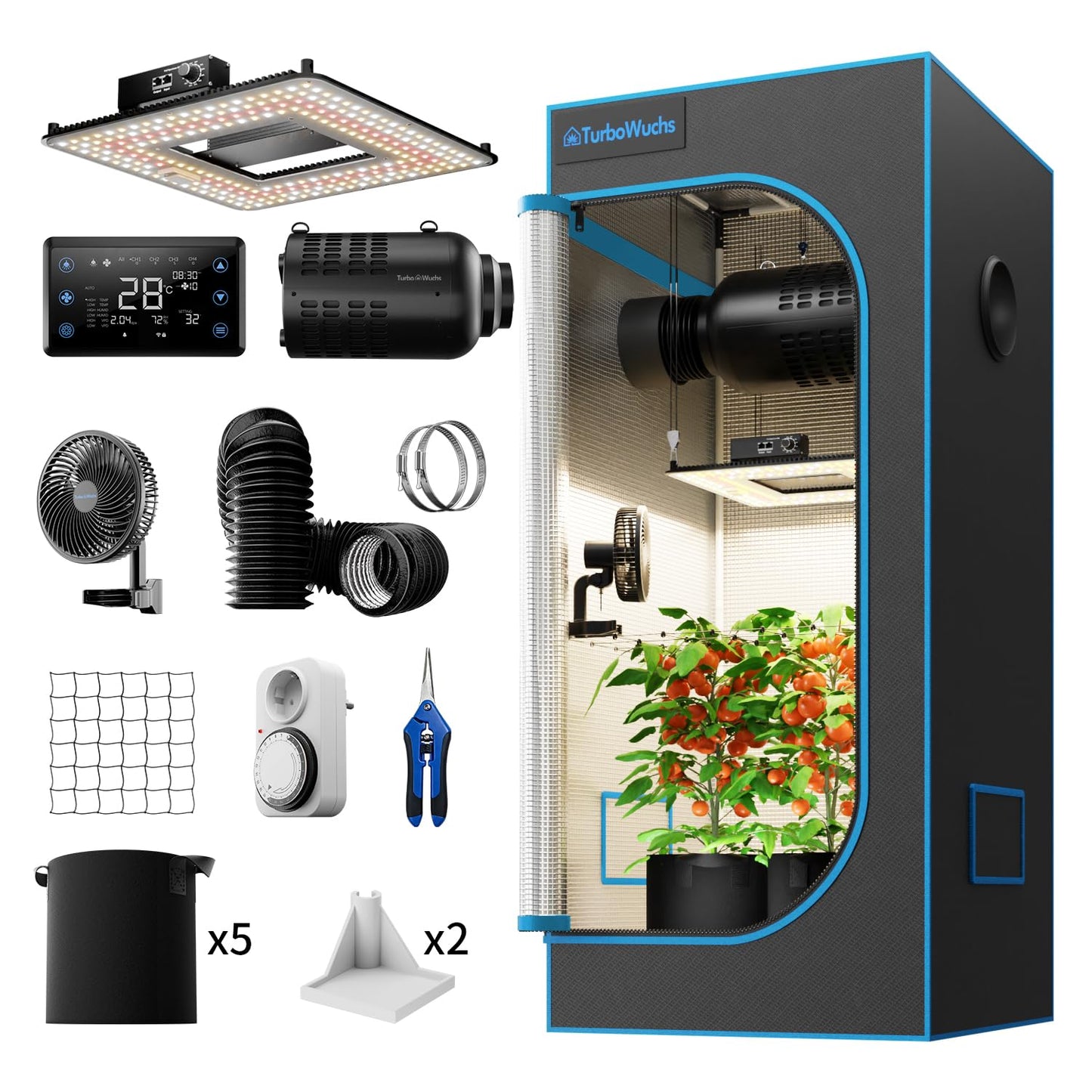 Grow Tent Kit Complete System 2.3x2.3 ft, 100W LED Grow Light with LM301H EVO & Sunrise Timer, 1680D High-Reflective Mylar Tent, 4 Inch Smart 2-in-1 Ventilation System with Carbon Filter & Clip Fan