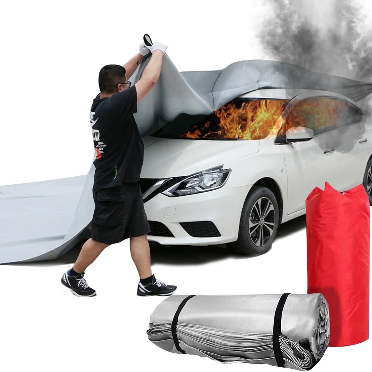 AMSXNOO Car Fire Blanket, Emergency Fireproof Blankets for Car, Fire Extinguisher Blanket for New Energy Vehicles, Trucks, and Motor Vehicles (Fiberglass + Double-Sided Silicone, 19.7x29.5ft/6x9m)