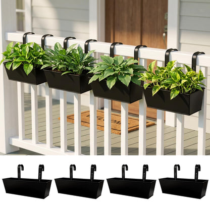 LaLaGreen Rail Planter (16 Inch, 4 Pack) Rectangular Metal Hanging Flower Railing Fence Balcony Gardening for Apartment Patio Planters Outdoor Deck Decoration Garden Style Iron Porch Decor Pots
