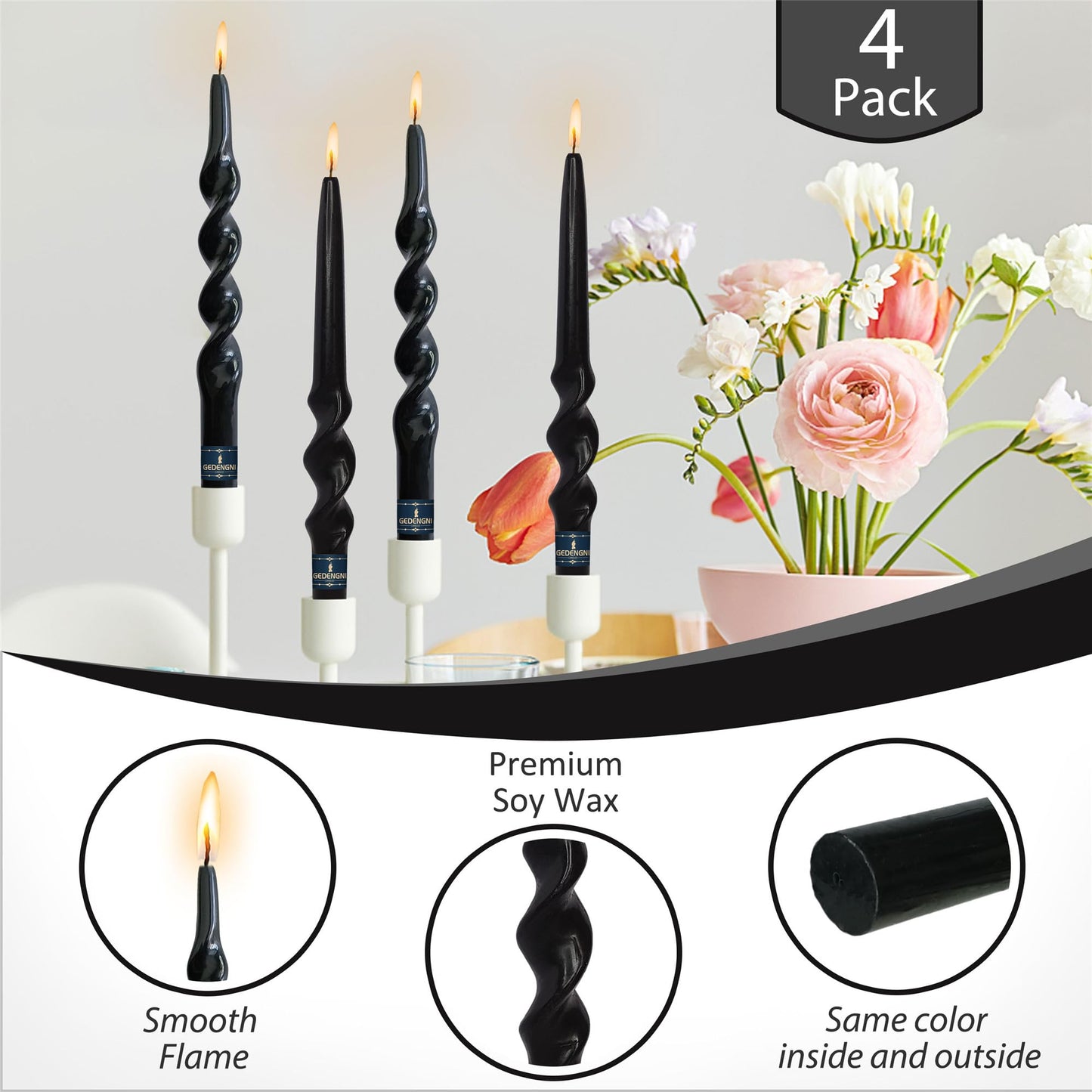 Halloween Candlestick Spiral Taper Candle,Gedengni 4pcs Black Candle Sticks Long Twisted Candlesticks Unscented Tapered Candles for Home Décor Weddings Festive Dinner (1-23D-BLACK)