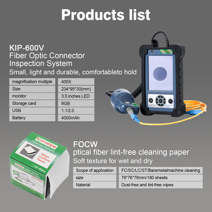 400X Magnification Optic Fiber Inspection Probe Komshine KIC-05D Optical Video Inspection Kit + Cleaner Cleaning Pen SC FC ST 2.5mm/LC 1.25mm + Fiber Cleaning Wipes 600+ Cleanings
