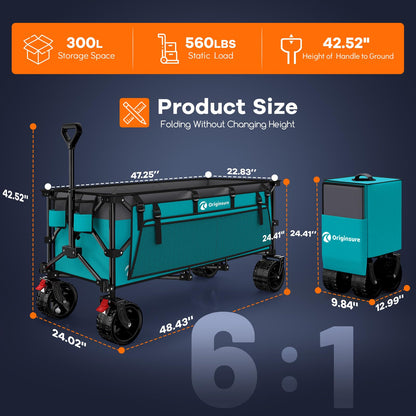 48" L Collapsible Beach Wagon Cart Foldable, 560LB Weight Capacity 300L Heavy Duty Folding Wagons with Big All-Terrain Wheels, Utility Carts for Groceries, Shopping, Camping, Sports - Grey&Turquoise