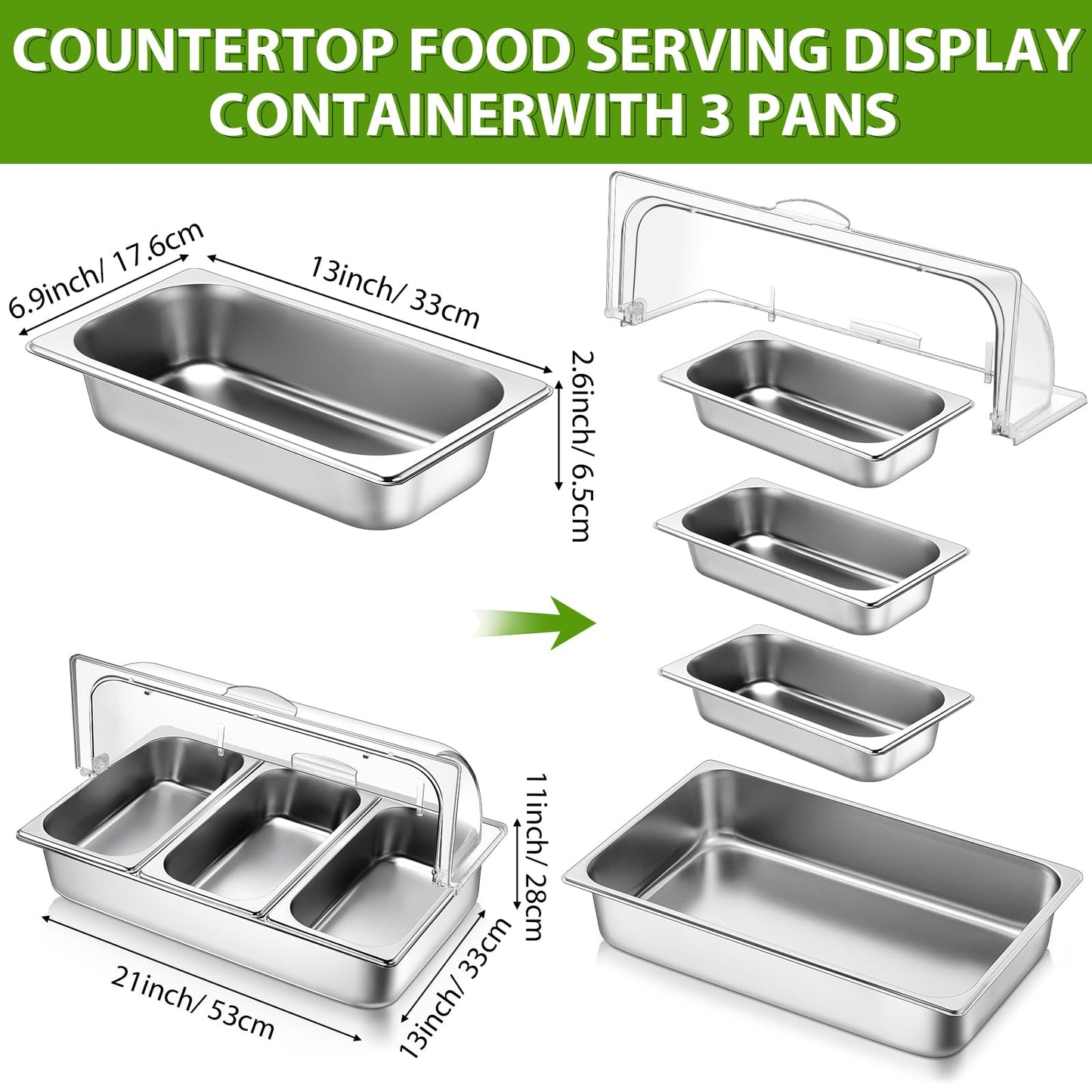 Ziliny 3 Pan Countertop Food Serving Display Container Stainless Steel Pizza Topping Station Display Rack Condiment Dispenser with Clear Roll Top Cover for Buffet Restaurant Hotel Kitchen Party