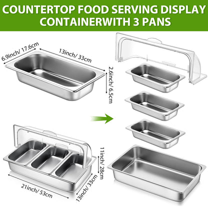 Ziliny 3 Pan Countertop Food Serving Display Container Stainless Steel Pizza Topping Station Display Rack Condiment Dispenser with Clear Roll Top Cover for Buffet Restaurant Hotel Kitchen Party