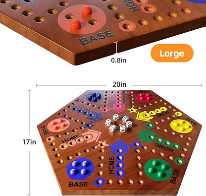 Wooden Board Game Board Game Original Marble Game Double Sided Painted 2 to 6 Player Fast Track Wooden with 6 Colors 24 Marbles 6 Dice for Adults Kids Family(20 INCH Flame)