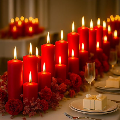 Veiuwa 36 Pcs Red Pillar Candles Bulk Set，Hurricane Candles，3 Different Lengths (12 Each)，Dripless Unscented Smokeless，Gives You a Better Atmosphere When Organizing Wedding or Event Party.