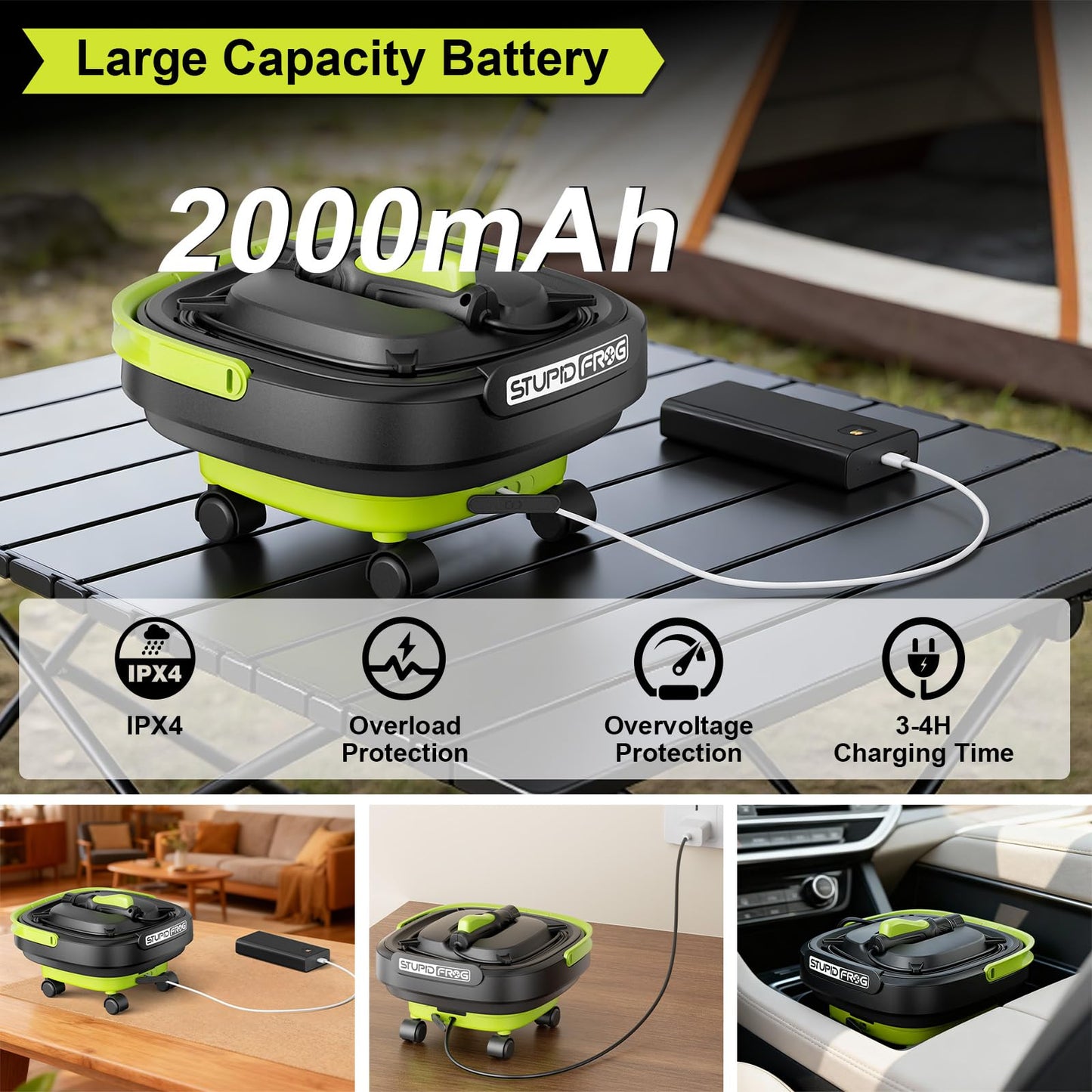 StupidFrog Portable Max 72 PSI Hand Sprayer, Cordless Garden Sprayer with 2000mAh Battery, 4-in-1 Nozzle, 12L Collapsible Bucket, Low Pressure Cleaner for Outdoor Cleaning, Camping, Gardening