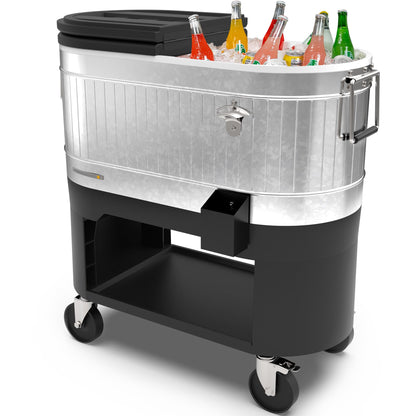 Permasteel 120-Qt Rolling Ice Chest, Portable Patio Party Bar Drink Cooler Cart with Wheels, Drink Dividers - Perfect for Outdoor or Indoor Entertaining, and Parties, Galvanized Steel