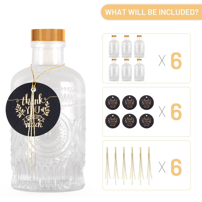 GYOSUGANG 6 Pack Glass Bottles with Lids - 6 oz Liquor Bottles with Gift Labels & Decorations for Oil Vinegar Kombucha Whiskey Wine Beverages Drinks Beer Water Soda with T-Top Cork Cap