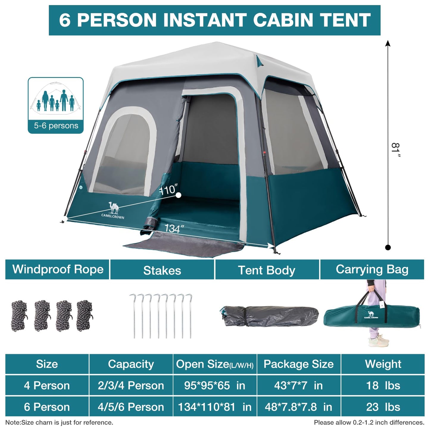 CAMEL CROWN 4/6 Person Instant Cabin Tent, Pop Up Windproof Tents for Camping, 60-Second Setup Family Tent with Carry Bag for Outdoor Hiking