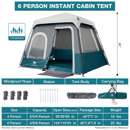 CAMEL CROWN 4/6 Person Instant Cabin Tent, Pop Up Windproof Tents for Camping, 60-Second Setup Family Tent with Carry Bag for Outdoor Hiking