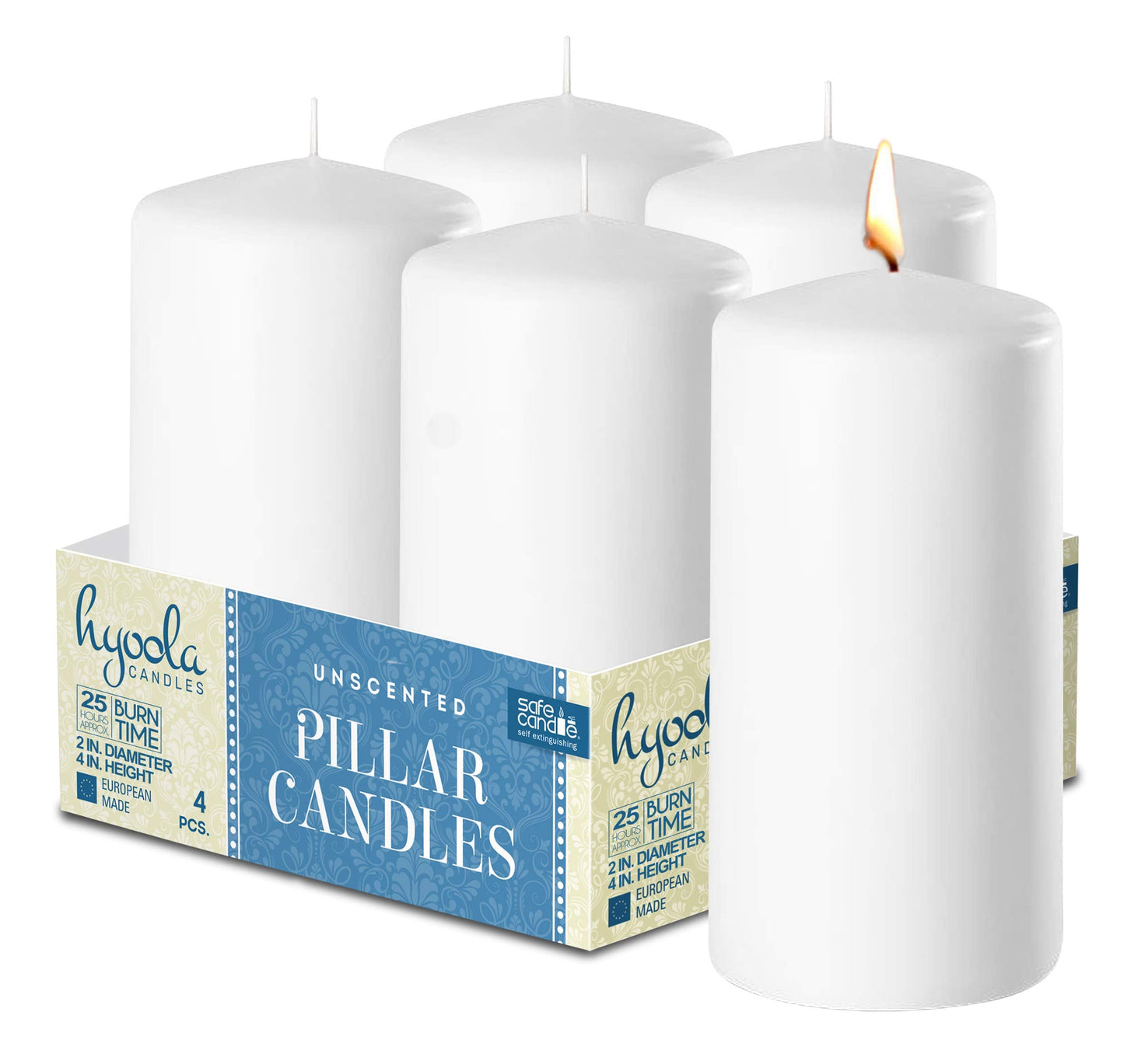 Hyoola White Pillar Candles 2-inch x 4-inch - Unscented Pillar Candles - Set of 4 - European Made