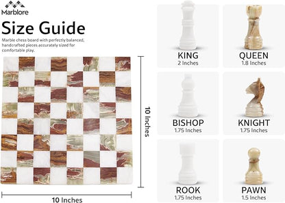 Marble Chess Set 10 Inch White &amp Green Travel Chess Board with 32 Pieces &amp 2 Extra Queens Handcrafted Classic 2 Player Chess Game for Adults