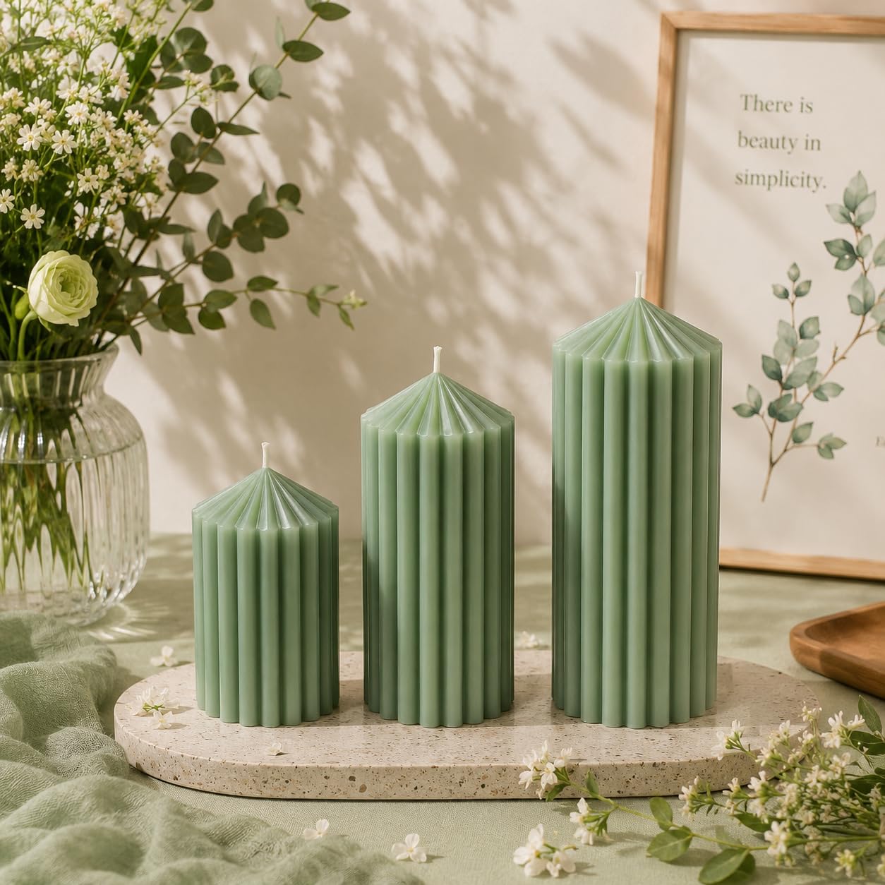 3 Pack Sage Green Ribbed Pillar Candles - Soy Wax Unscented, 2.76"x4.2/4.9/5.9 in Smokeless Non Toxic Cotton Wick, Aesthetic Modern Candles for Home Decor, Dinner Table, Living Room, Housewarming Gift