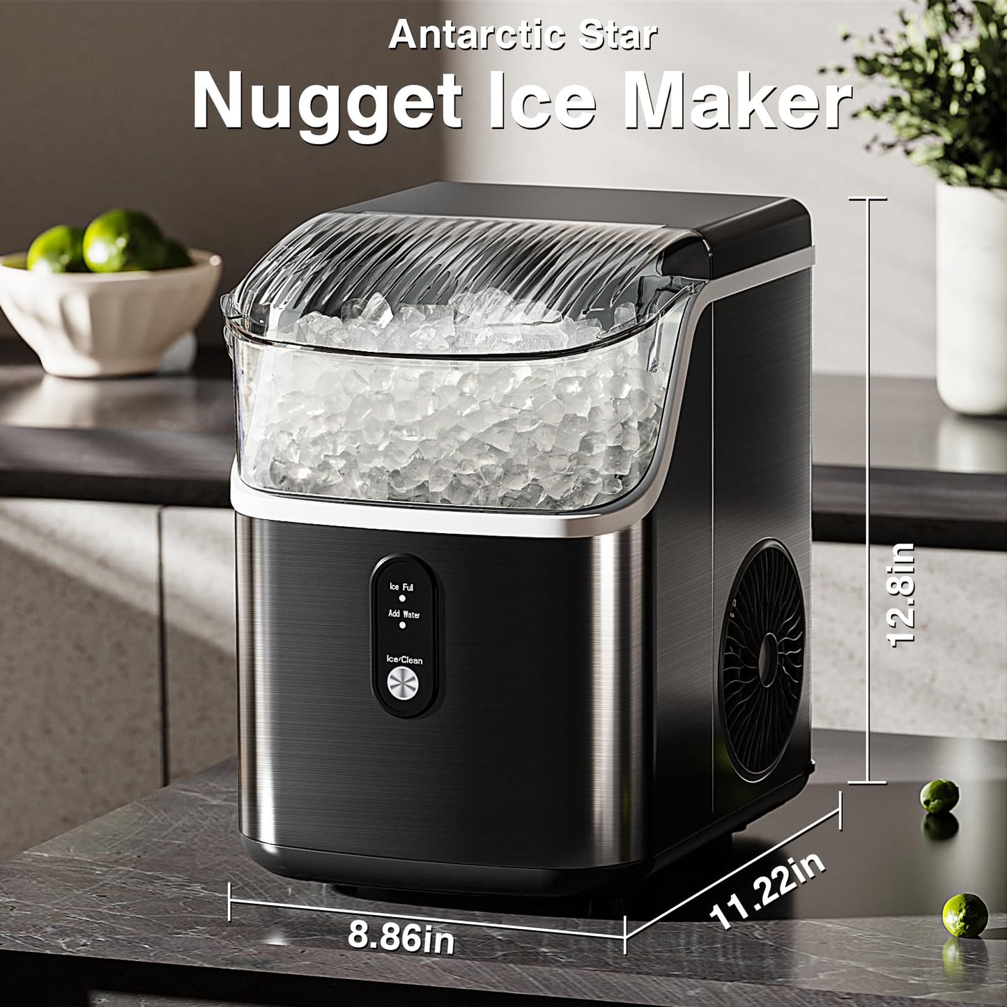 Antarctic Star Nugget Ice Makers Countertop, Portable Ice Machine with Ice Scoop & Basket, 34Lbs/24H, Self-Cleaning, One Click Operation for Camping/RV/Party (Stainless Steel Black)