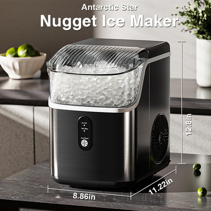 Antarctic Star Nugget Ice Makers Countertop, Portable Ice Machine with Ice Scoop & Basket, 34Lbs/24H, Self-Cleaning, One Click Operation for Camping/RV/Party (Stainless Steel Black)
