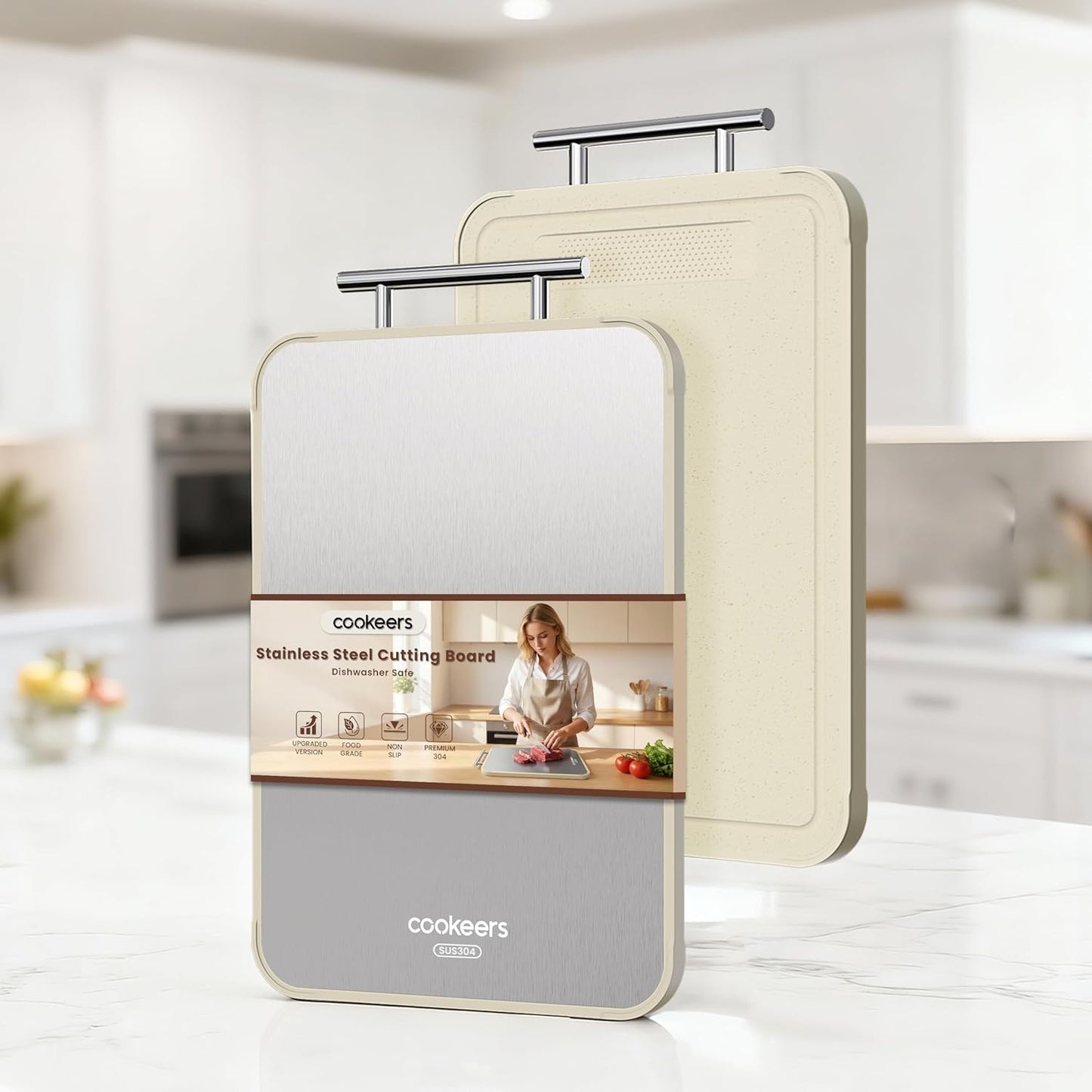 Skiennix Stainless Steel Cutting Board - Double-Sided Non-Toxic Chopping Board for Meat | 15.8"L x 10.2"W