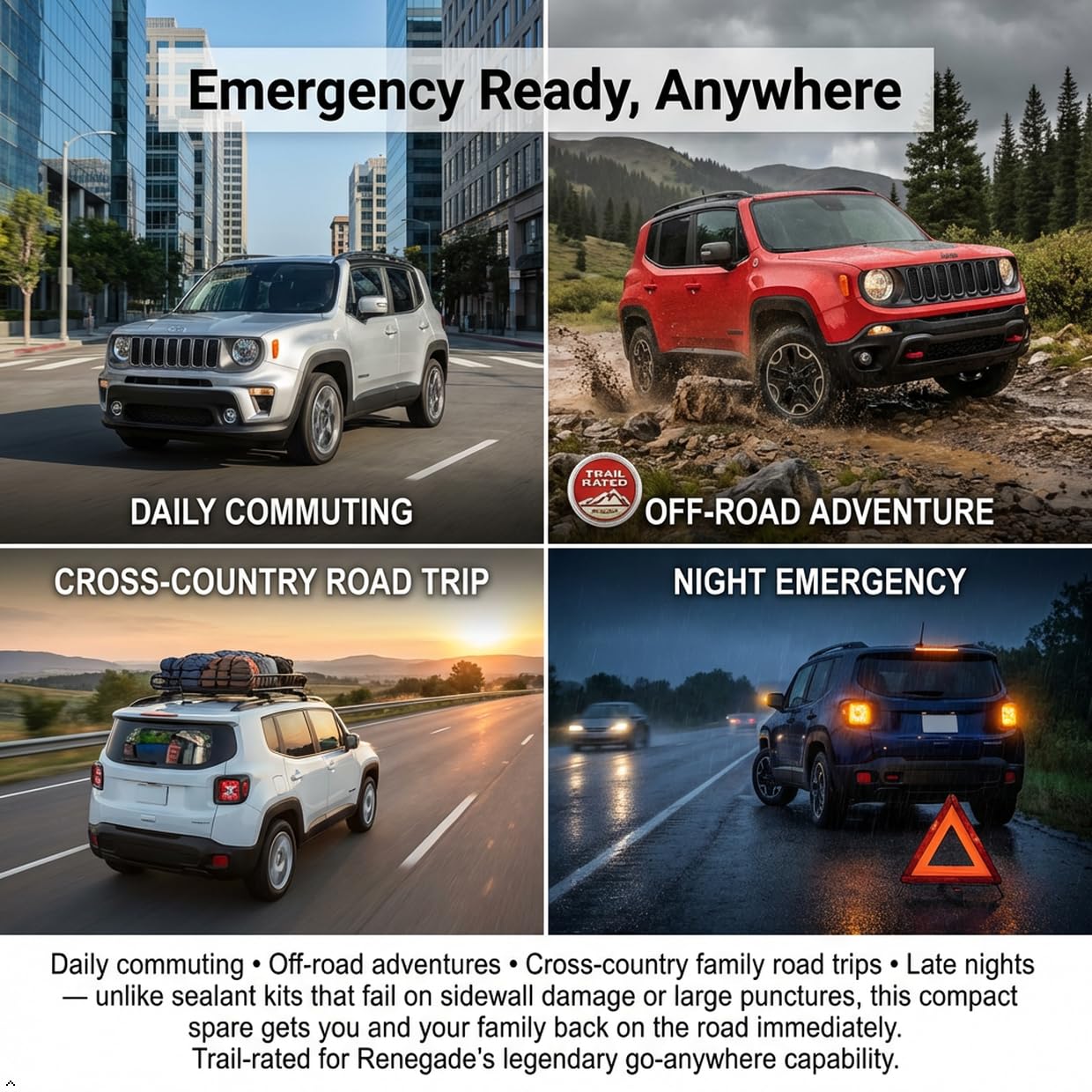 Spare Tire Kit Compatible with 2018-2023 Jeep Renegade | 145/85R18 Compact Donut Spare | Complete Roadside Kit Includes Scissor Jack, Lug Wrench & Storage Bag – Fits Under Trunk Floor