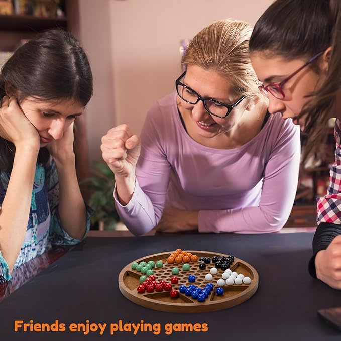 12-Inch Wooden Chinese Checkers Set - Classic Round Design with 60 Acrylic Marbles in 6 Vibrant Colors - Includes 12 Bonus Spare Marbles - Family Strategy Board Game for Kids and Adults