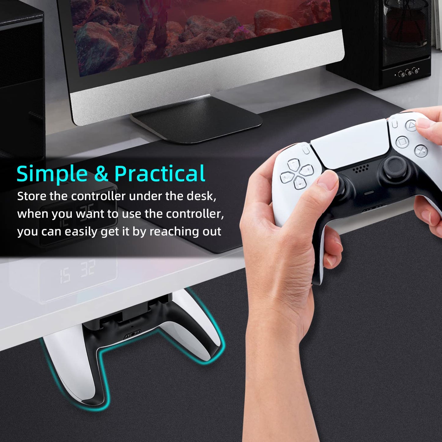 Mcbazel Under Desk Mount for PS5/PS4 Controller, PlayStation 5/PlayStation 4 Controller Holder, No Drill Adhesive Tape Table Stand, ABS Material, 2 Pack (Not for PS5 Slim/PS5 Pro)