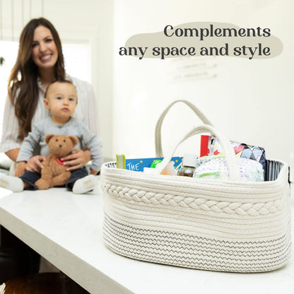 luxury little Diaper Caddy Organizer, Large Cotton Rope Nursery Baby Basket, Changing Table Organizer for Baby Diaper Storage, Portable Car Organizer with Removable Divider, Baby Shower Gifts - White