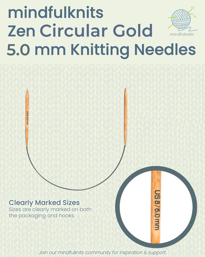 mindfulknits Zen Circular Knitting Needles - US 8, 5mm -16 Inch Length - Premium Beech Wood with Ombre Glossy Finish - Smooth Glide for All Projects - Gold