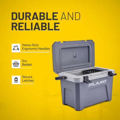 Plano Frost Cooler, 14-Quart Hard Cooler, Storm Gray, Insulated Ice Chest for Camping and Fishing, Dual-Stage Molded Latches, Airtight Dri-Loc Seal, Includes Removable Dry Basket