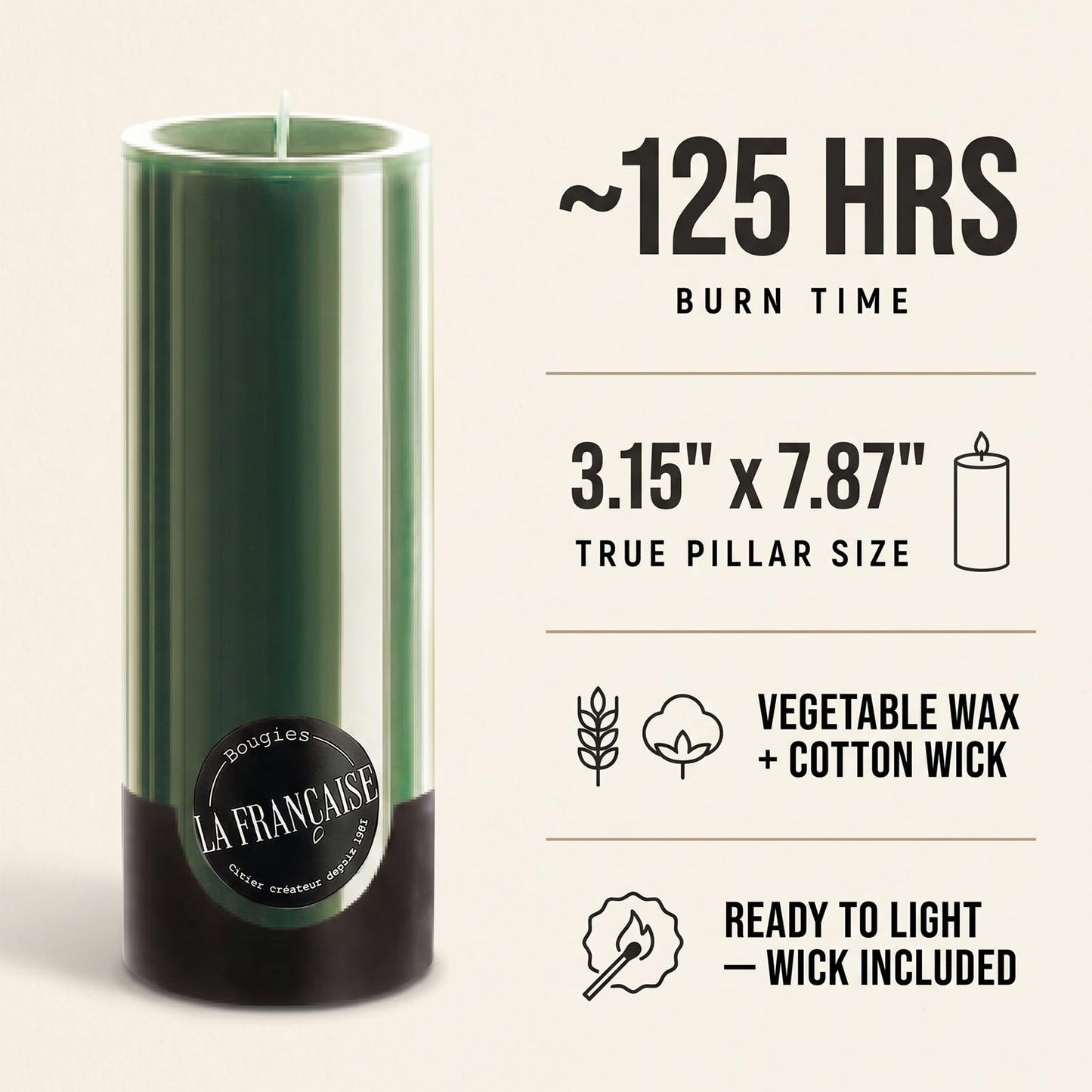 Bougies La Française Unscented Pillar Candle, Green, Made in Tunisia, Ready-to-Light Cotton Wick Included, Vegetable Wax Decorative Candle, 3.15" Diameter × 7.87" Tall, Approx. 125-Hour Burn Time