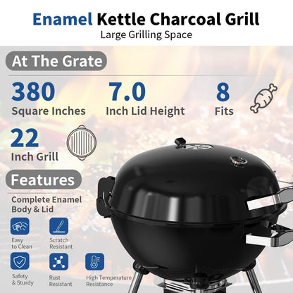22.5-Inch Portable Charcoal Grill, Heavy Duty Kettle BBQ Smoker with Built-in Thermometer & Removable Water-Rinsable Ash Catcher for Outdoor Camping, Patio, Backyard, and Tailgating