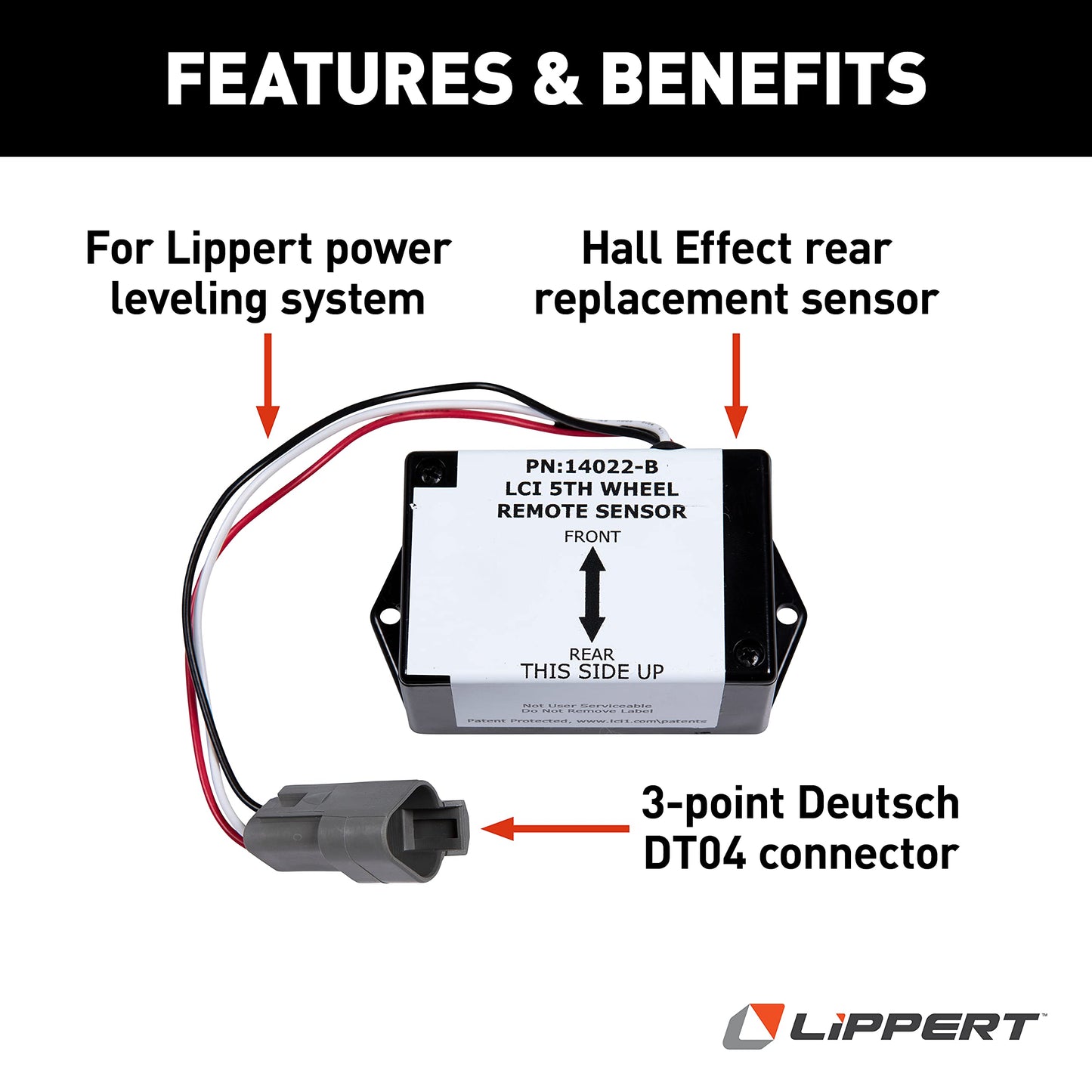 Lippert Hall Effect Ground Control 3.0 Replacement Auto-Level Remote Rear Sensor for Electric Leveling System on 5th Wheel RVs, 3-Point Deutsch DT04 Connector - 232201