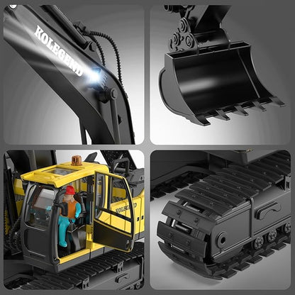 kolegend Remote Control Excavator Toy for Boy 2 Batteries- 1/20 Scale Remote Control Digger with Alloy Shovel Infinitely Rotating Cab Lights &amp Sounds - Gift for Kids Ages 678910