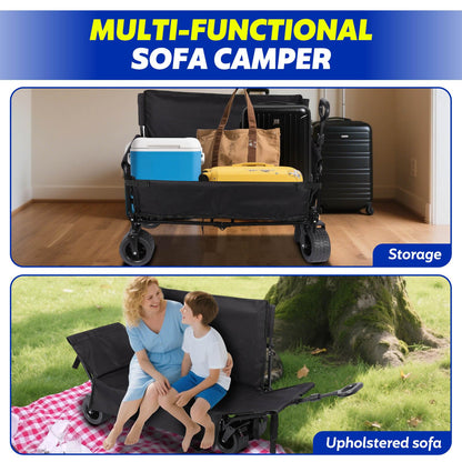 Portable Collapsible Folding Wagon, 550LBS Heavy Duty Utility Carts,Reclining Camper, Expandable Storage, Padded and Wheeled, All Terrain Wheels, Great for Camping, Outdoors, Shopping (Black)