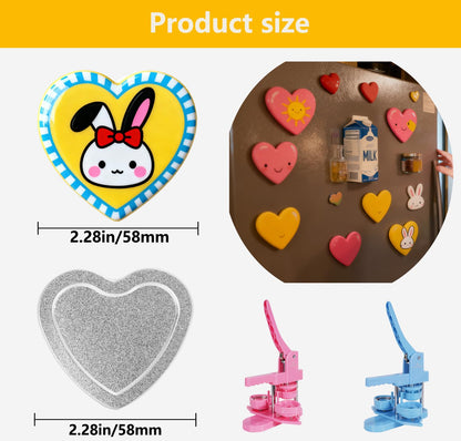 50 Sets Heart-Shaped Fridge Magnet Maker Supplies for Button Maker Machine Heart Shape 2.28 inch/58mm, Includes Metal Cover, Button Back Cover, Soft Magnet, Clear Film,Blank Paper,Children DIY Gift